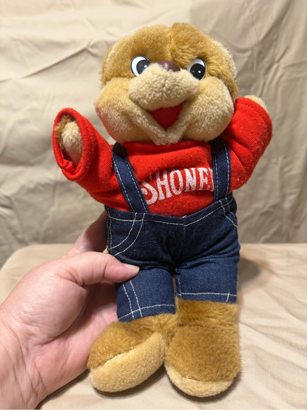 Plush Tan Bear in Red Shirt and Blue Overalls Stuffed Animal
